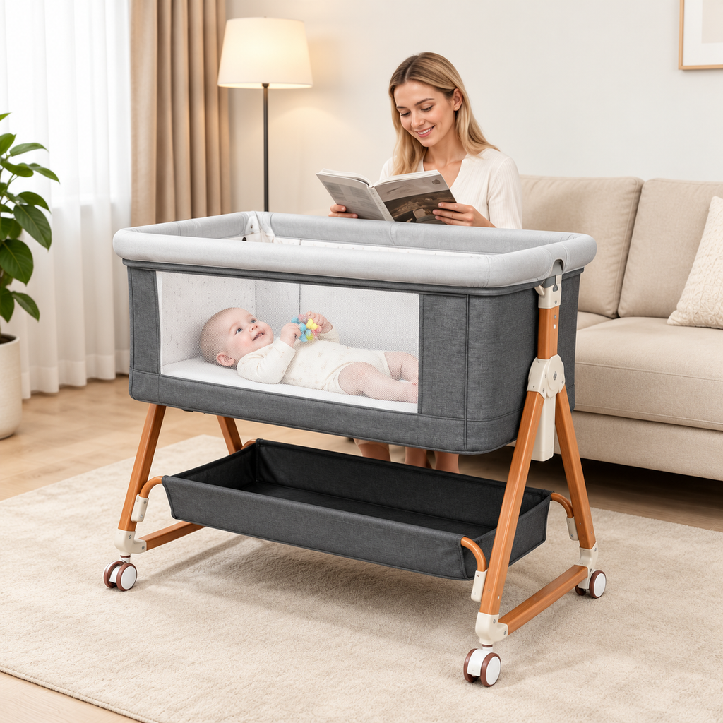 Kmaier Grey Bedside Baby Bassinet with Adjustable Height and Storage Basket