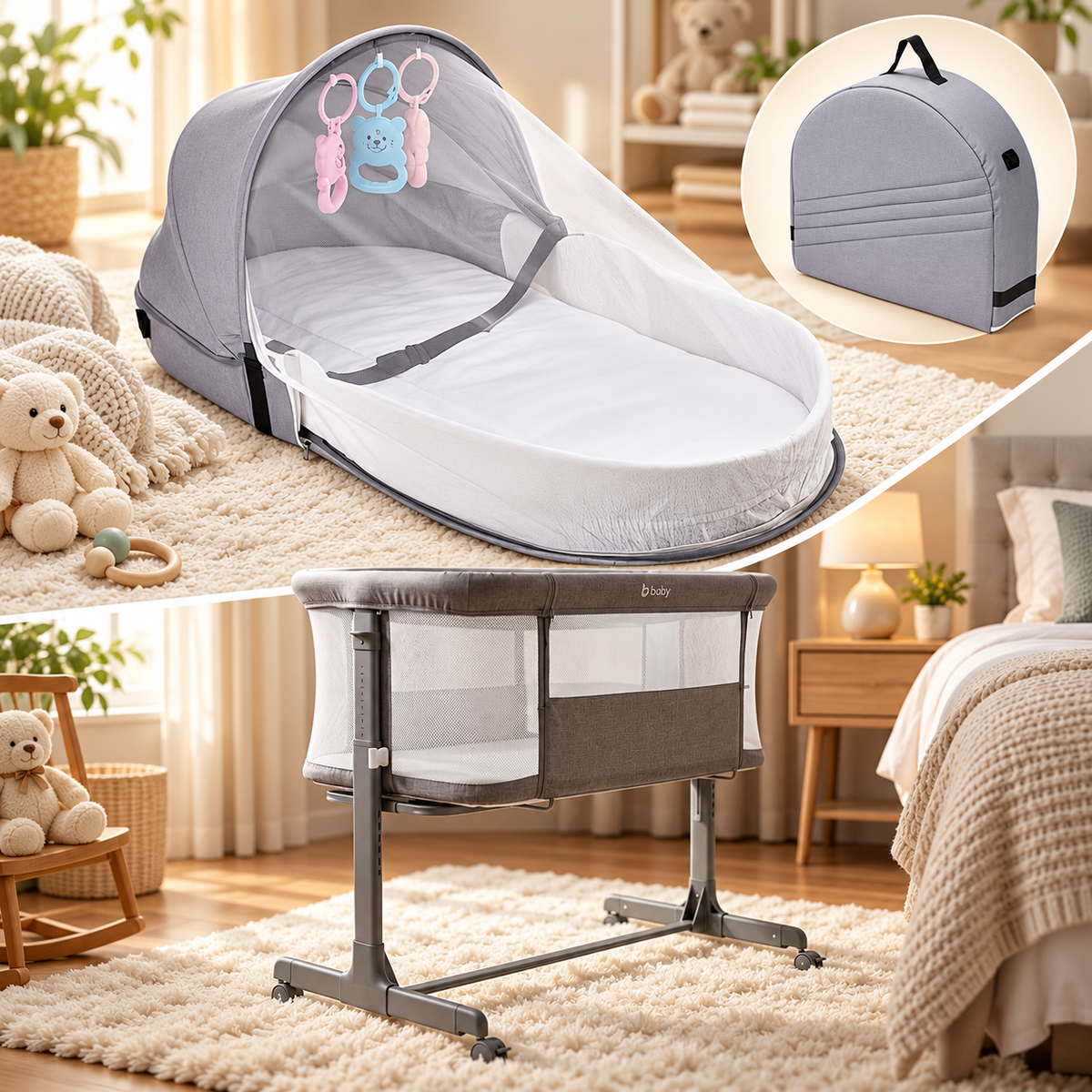 Portable Baby Bassinet with Mosquito Net, Foldable Cotton Cradle for Newborns and Infants 0–12 Months