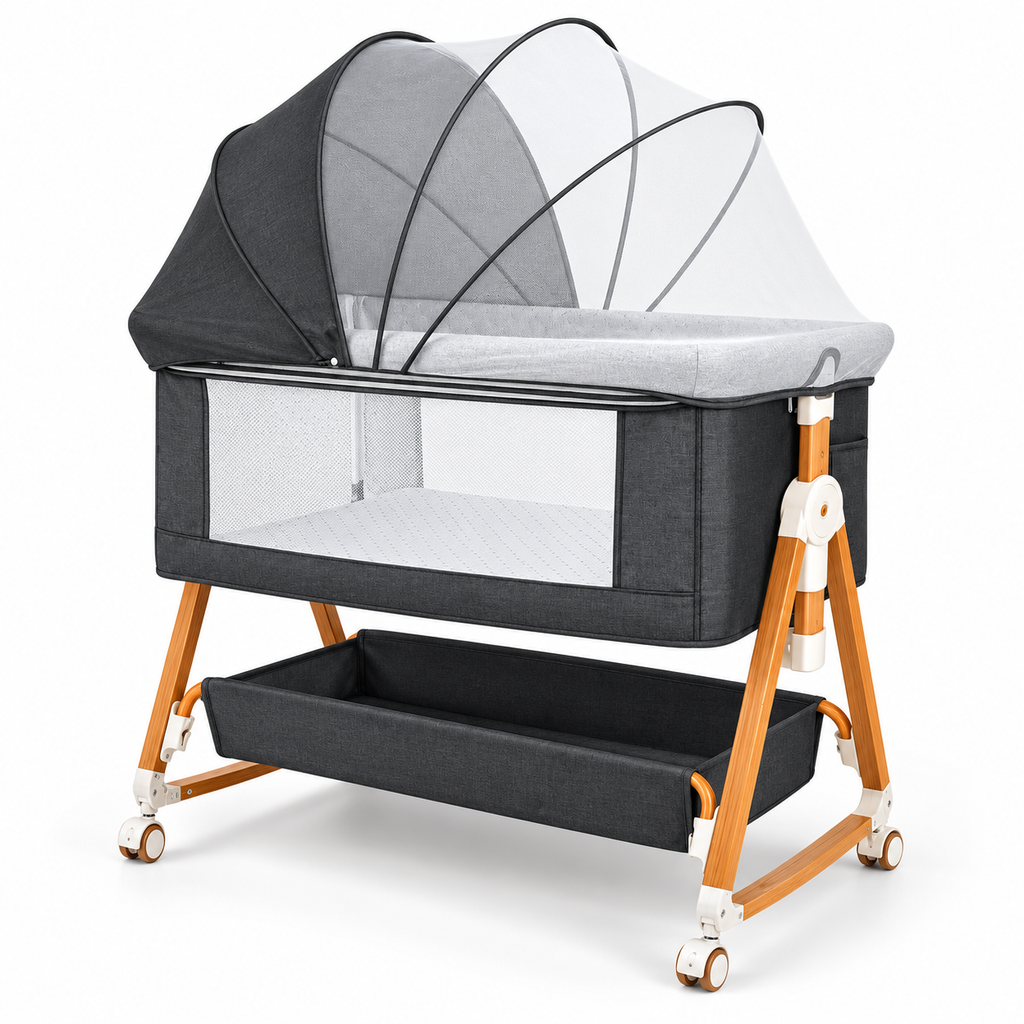 Kmaier Grey Bedside Baby Bassinet with Adjustable Height and Storage Basket