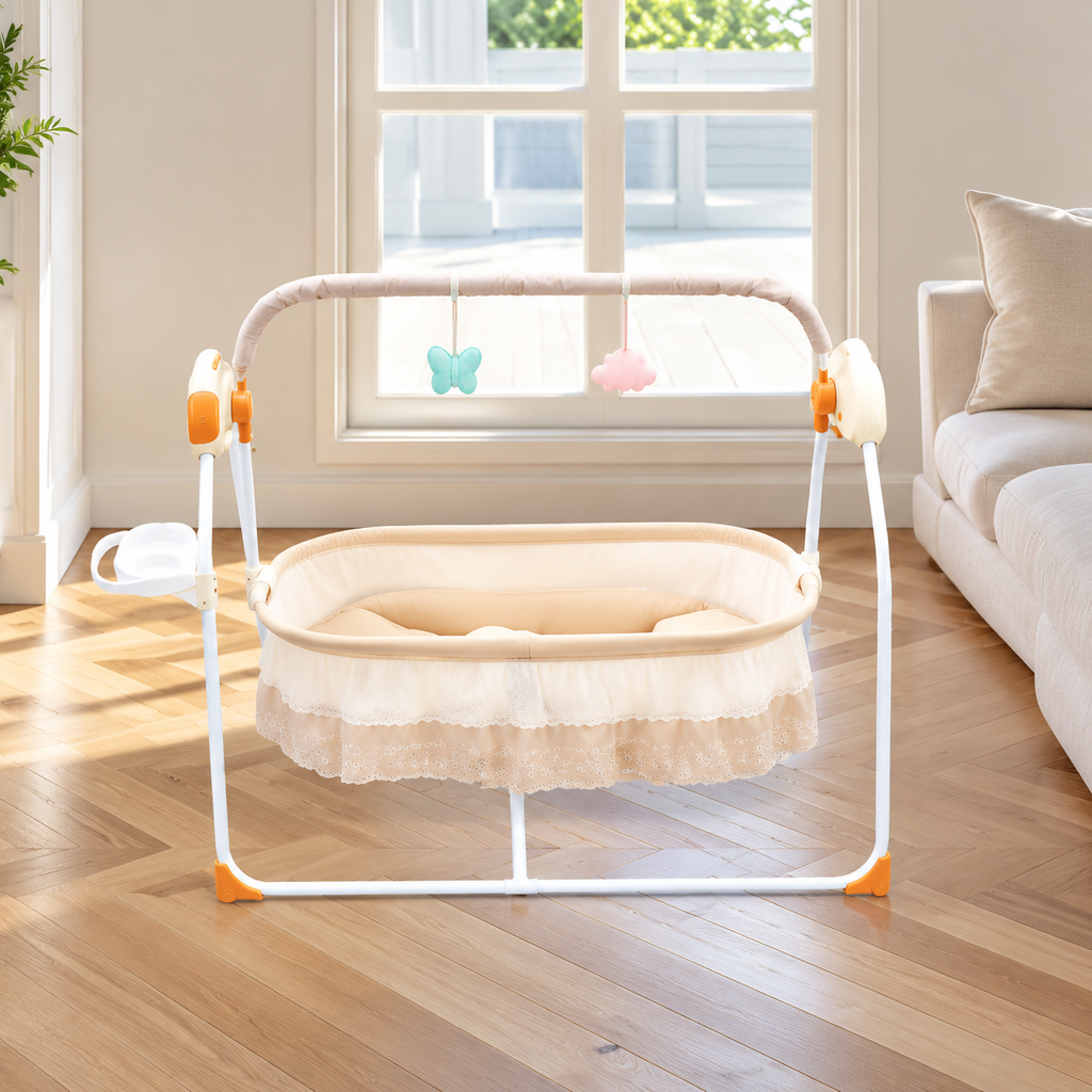 Electric Baby Cradle with 5-Speed Rocking, Bluetooth Music and Mosquito Net