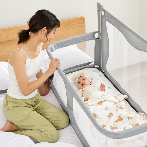 Lightweight Baby Bedside Crib with Metal Frame