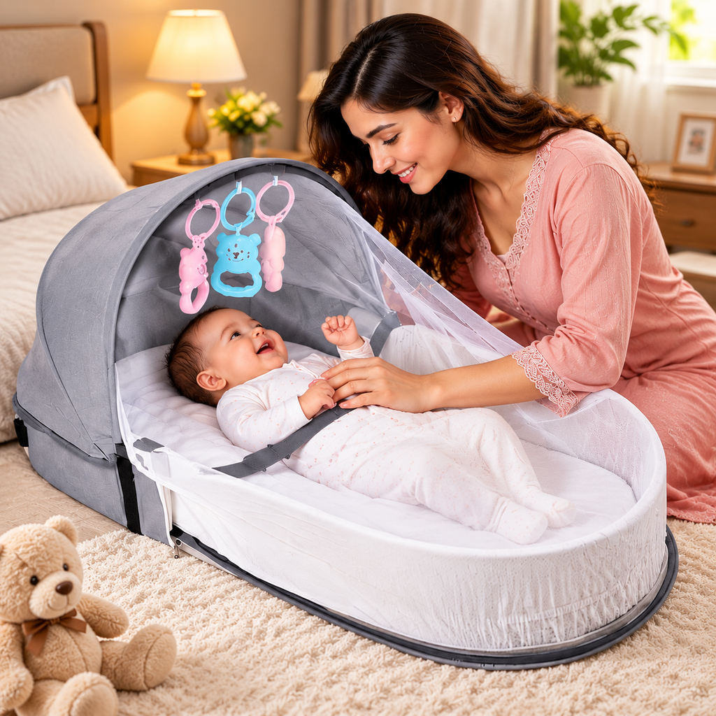 Portable Baby Bassinet with Mosquito Net, Foldable Cotton Cradle for Newborns and Infants 0–12 Months