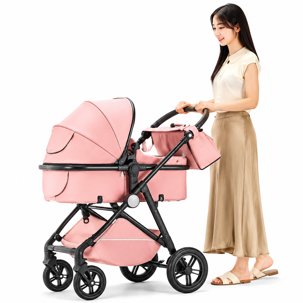 2-in-1 Baby Stroller and Pram with Adjustable Canopy, Foldable Design and Mom Bag